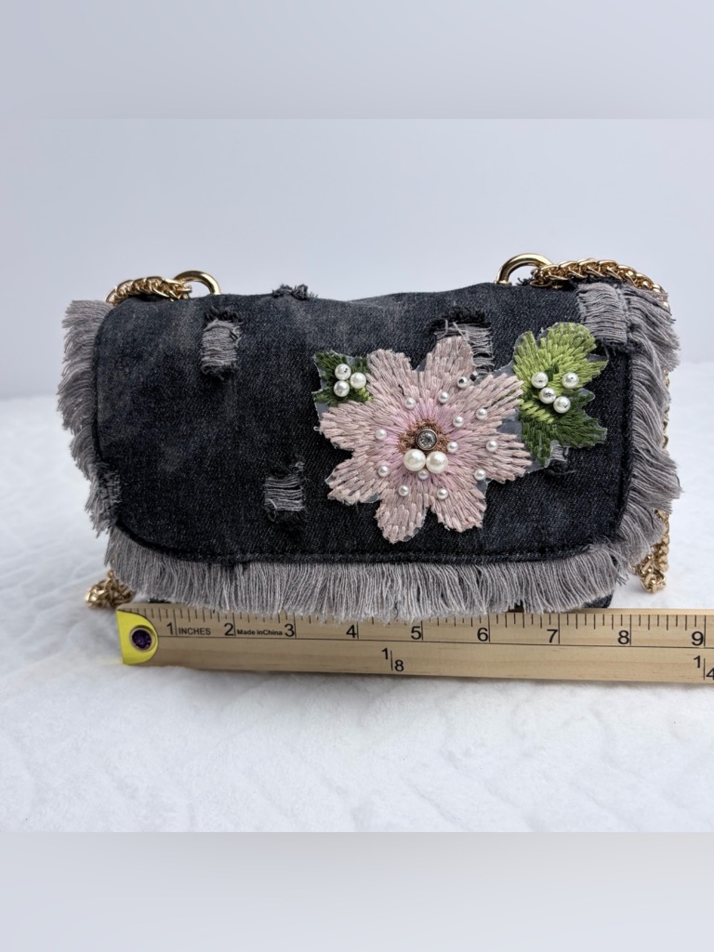 Distressed Y2K Boho inspired black Denim bag with pink 3D embroidered flower - Picture 6 of 10